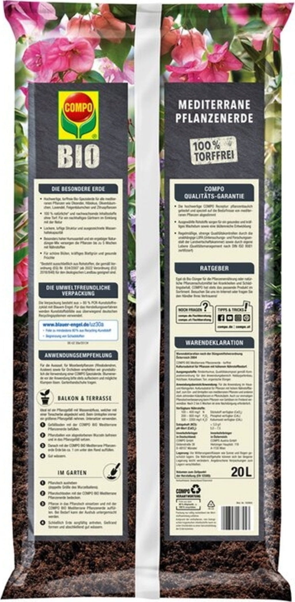 Compo BIO Mediterrane Pflanzenerde Torffrei, 20 L