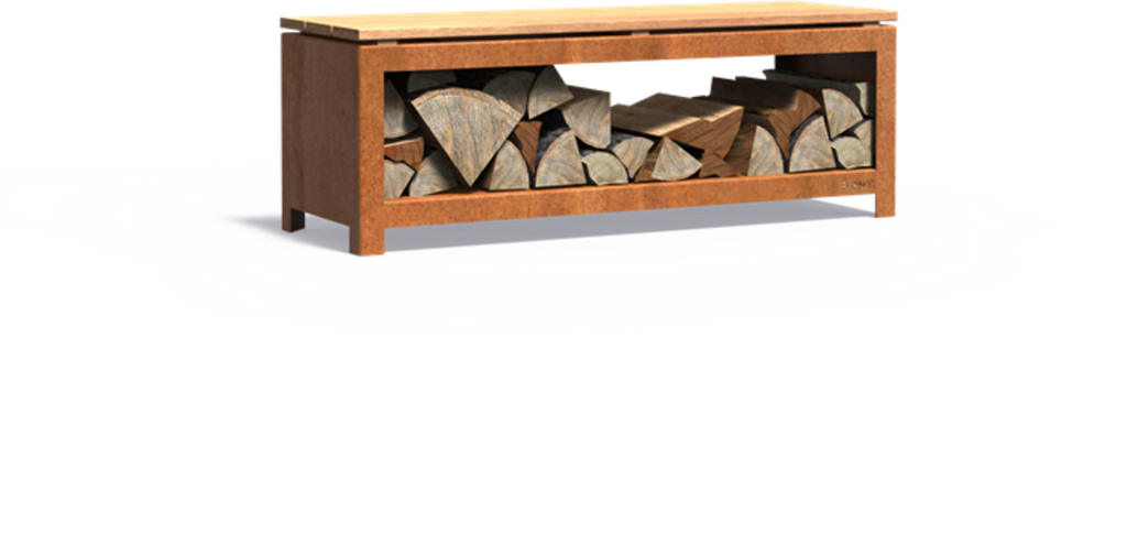  Holzaufbewahrung Mit Sitzfläche - Cortenstahl, 120 X 40 X 43 Cm