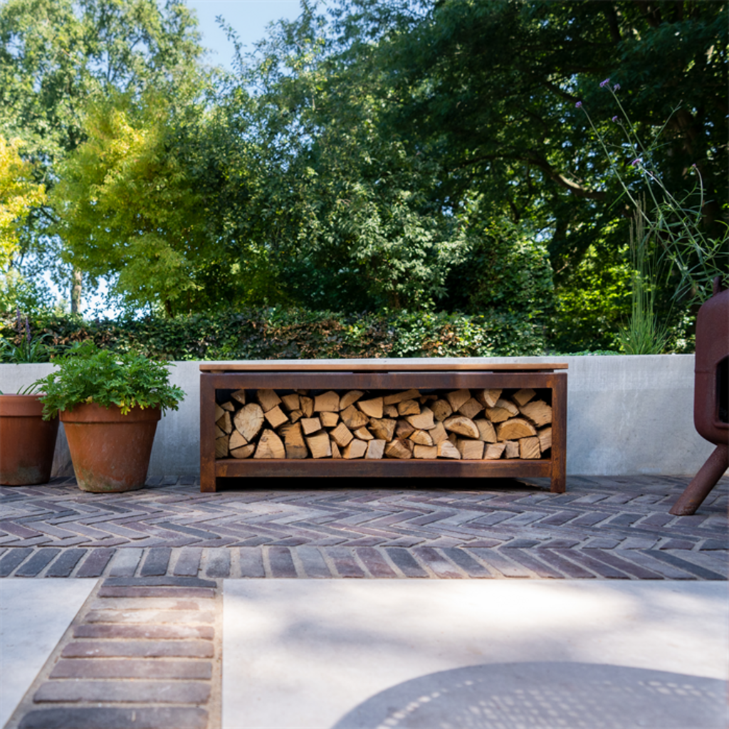  Holzaufbewahrung Mit Sitzfläche - Cortenstahl, 120 X 40 X 43 Cm