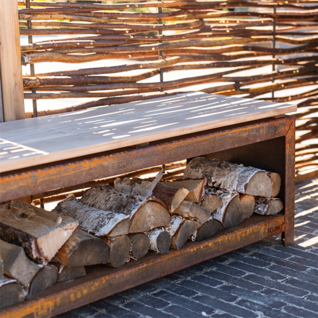  Holzaufbewahrung Mit Sitzfläche - Cortenstahl, 120 X 40 X 43 Cm