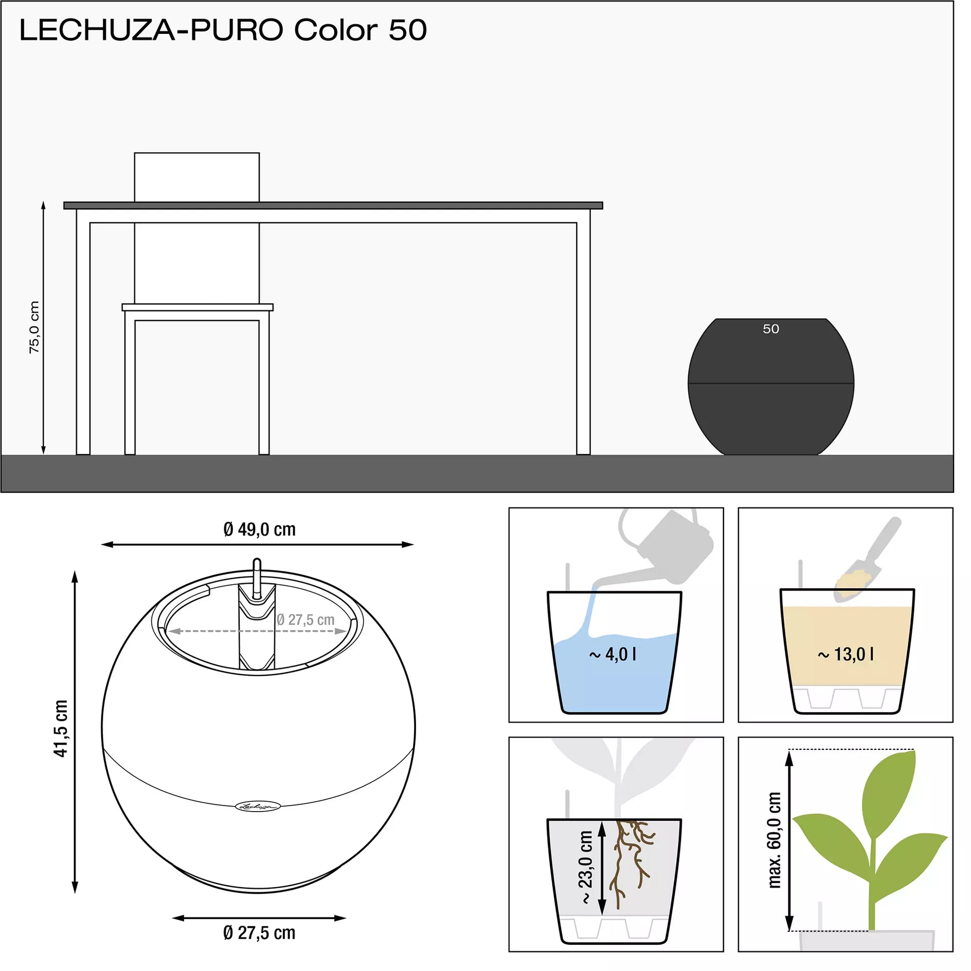 LECHUZA Pflanzgefäß PURO Color 50, Schiefergrau, Schiefergrau