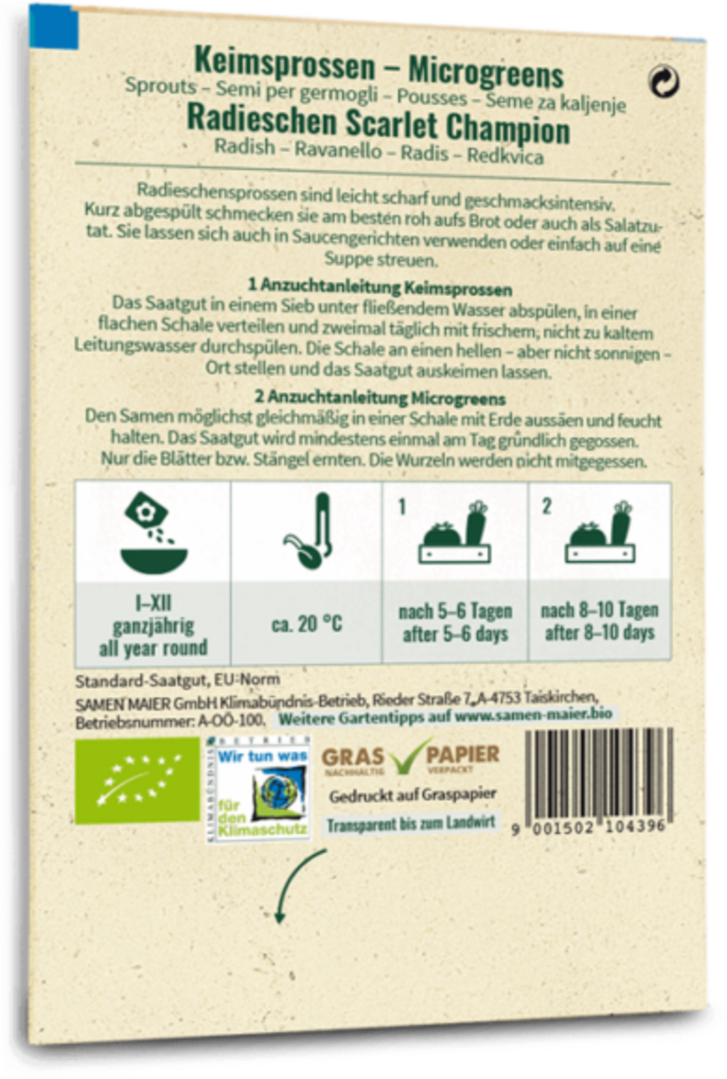  Bio Keimsprossen/Microgreens - Radieschen "Scarlet Champion"