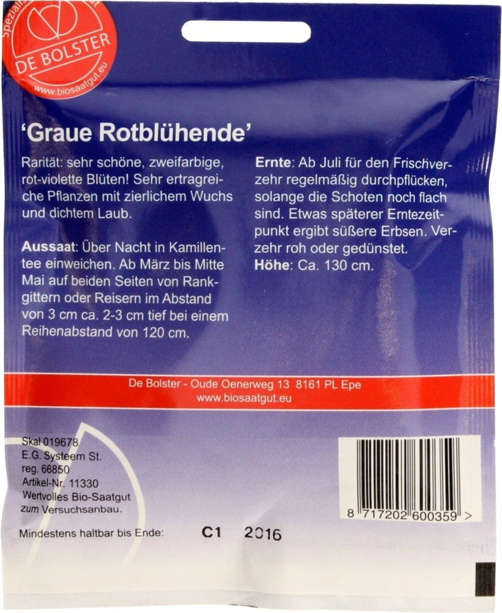  Zuckererbse "Graue Rotblühende", 75 G